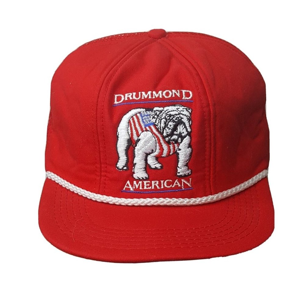 Vtg Drummond American Bull Dog Flag Red Snap Back Mesh Trucker Hat Cap